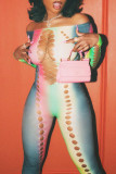 Colour Sexy Print Bandage Hollowed Out Patchwork Off the Shoulder Skinny Jumpsuits