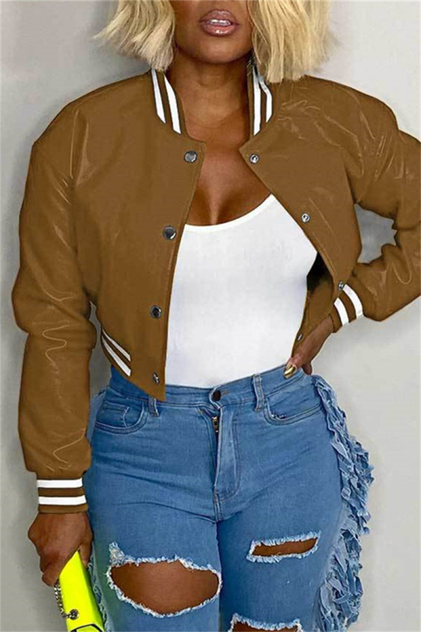 Khaki Casual Solid Patchwork Conventional Collar Outerwear