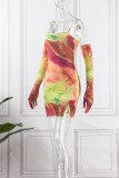 Colour Sexy Print Patchwork Spaghetti Strap Pencil Skirt Dresses
