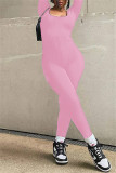 Pink Casual Solid Basic O Neck Skinny Jumpsuits