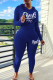 Deep Blue Casual Letter Print Basic Hooded Collar Long Sleeve Two Pieces