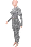 Grey Casual Print Patchwork Turtleneck Long Sleeve Two Pieces