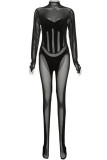 Black Sexy Solid Patchwork See-through Turtleneck Skinny Jumpsuits