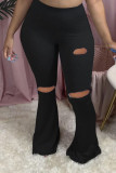 Grey Casual Street Solid Ripped Patchwork Boot Cut High Waist Speaker Solid Color Bottoms