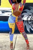 Orange Sexy Casual Print Hollowed Out V Neck Skinny Jumpsuits