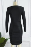 Pink Casual Solid Patchwork Fold V Neck Long Sleeve Dresses