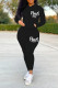 Black Casual Sportswear Print Patchwork Zipper Hooded Collar Long Sleeve Two Pieces