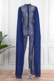 Blue Sexy Patchwork Hot Drilling See-through Half A Turtleneck Skinny Jumpsuits