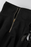 Black Casual Vintage Solid Tassel Turtleneck Tops