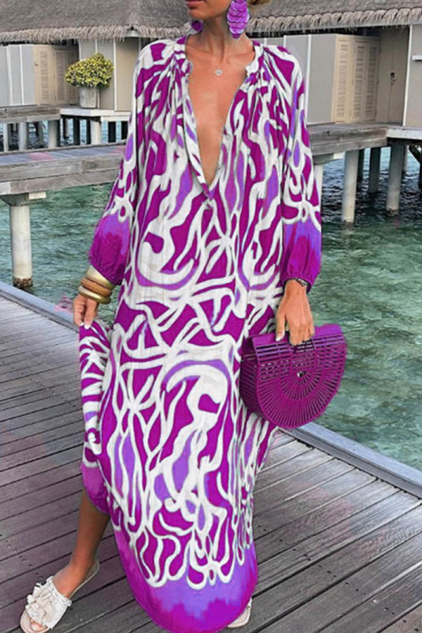 Purple Casual Print Patchwork V Neck Long Sleeve Dresses