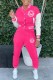 Rose Red Street Print Letter Mandarin Collar Long Sleeve Two Pieces