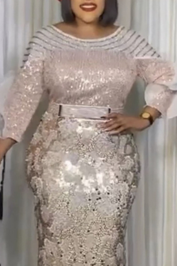 Champagne Celebrities Elegant Solid Sequins Patchwork O Neck Evening Dress Dresses