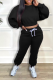 Black Casual Patchwork Hot Drill O Neck Long Sleeve Two Pieces