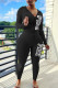 Black Casual Print Patchwork Zipper Hooded Collar Long Sleeve Two Pieces