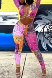 Orange Sexy Casual Print Hollowed Out V Neck Skinny Jumpsuits