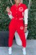 Red Street Print Letter Mandarin Collar Long Sleeve Two Pieces