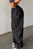 Black Casual Street Sportswear Solid Patchwork Loose Mid Waist Wide Leg Solid Color Bottoms