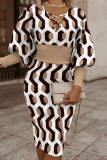 Red Casual Work Print Patchwork V Neck One Step Skirt Dresses
