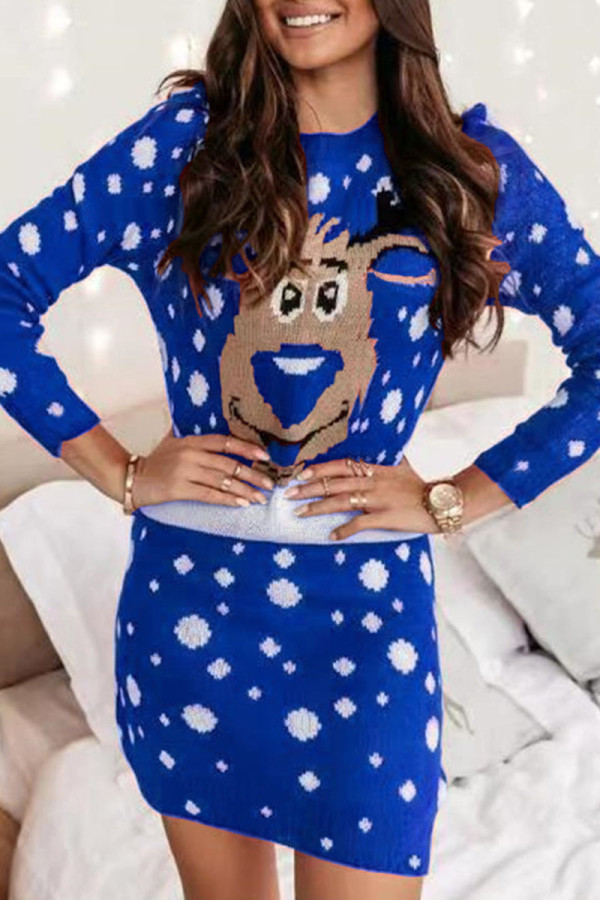 Blue Casual Print Patchwork O Neck One Step Skirt Dresses