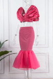 Red Sexy Elegant Solid Patchwork With Bow V Neck Half Sleeve Two Pieces