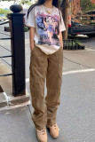 Brown Casual Street Solid Patchwork Pocket High Waist Straight Solid Color Bottoms