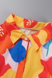 Multicolor Casual Print Patchwork Turndown Collar Long Sleeve Dresses