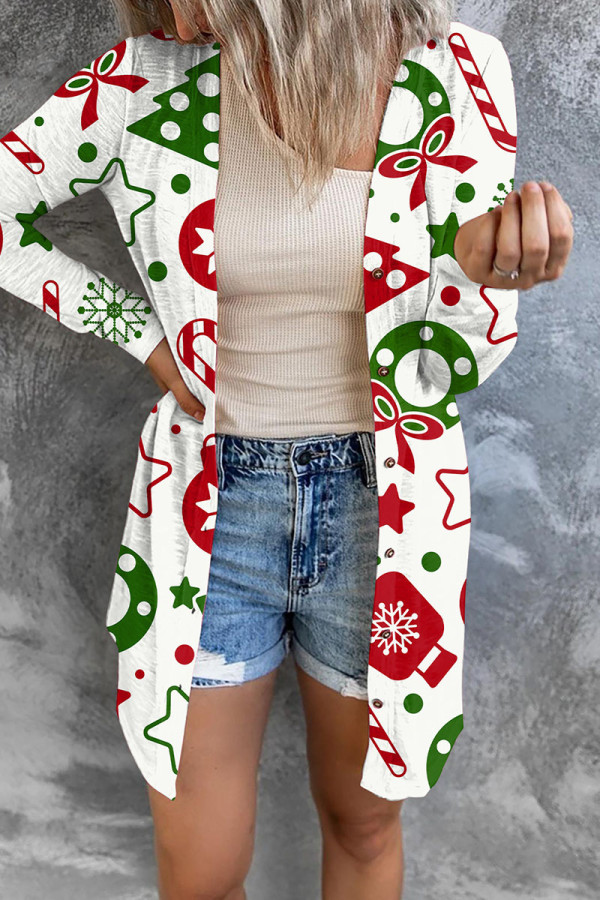 White Casual Print Patchwork Cardigan Collar Outerwear