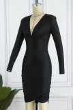 Pink Casual Solid Patchwork Fold V Neck Long Sleeve Dresses