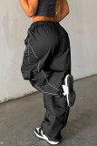 Black Casual Street Sportswear Solid Patchwork Loose Mid Waist Wide Leg Solid Color Bottoms