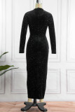 Black Elegant Solid Patchwork Buttons Slit Half A Turtleneck Long Sleeve Two Pieces