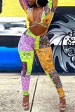 Orange Sexy Casual Print Hollowed Out V Neck Skinny Jumpsuits