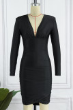 Pink Casual Solid Patchwork Fold V Neck Long Sleeve Dresses