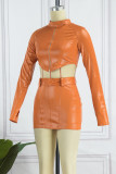 Orange Sexy Casual Solid Patchwork Turtleneck Long Sleeve Two Pieces