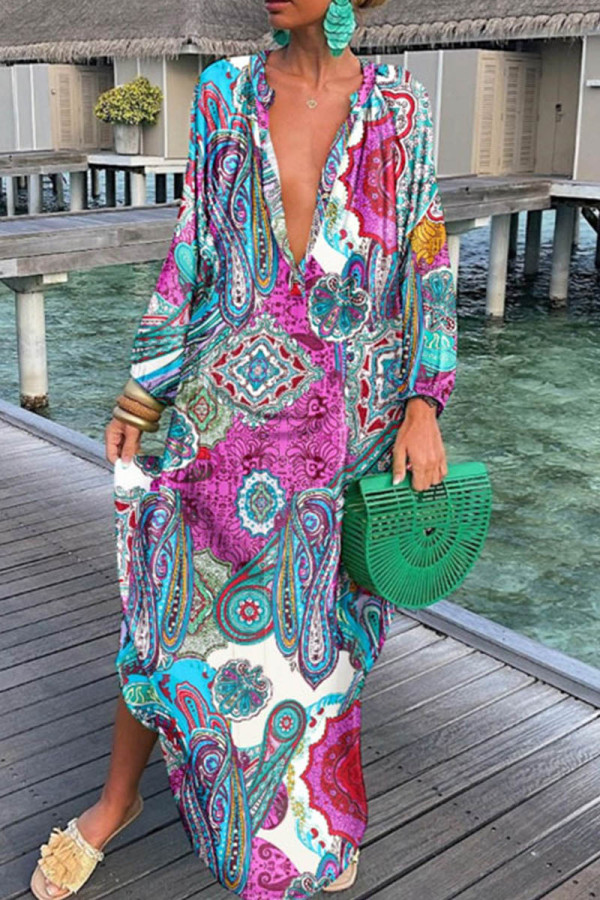 Colour Casual Print Patchwork V Neck Long Sleeve Dresses