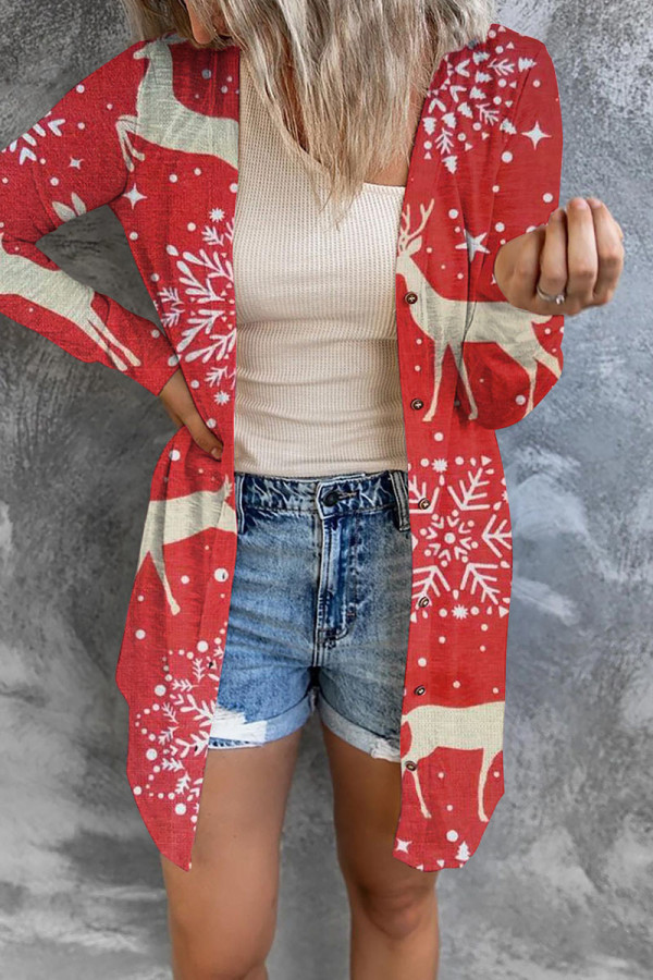 Red White Casual Print Patchwork Cardigan Collar Outerwear
