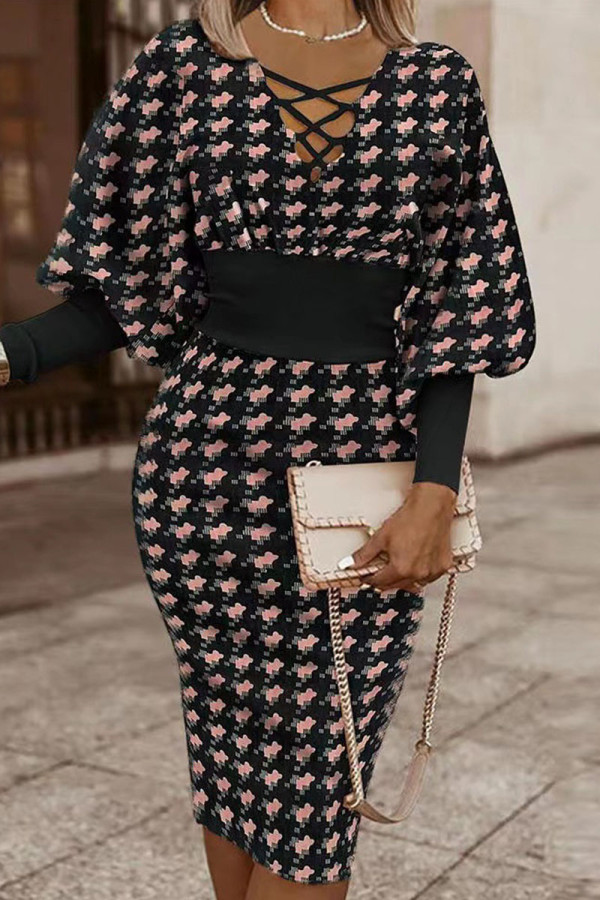 Black Pink Casual Work Print Patchwork V Neck One Step Skirt Dresses