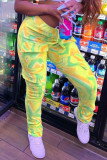 Multi-color Blends Elastic Fly Mid Print Straight Pants Bottoms