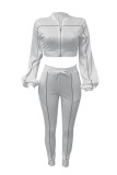 White Casual Solid Patchwork Zipper Collar Long Sleeve Two Pieces