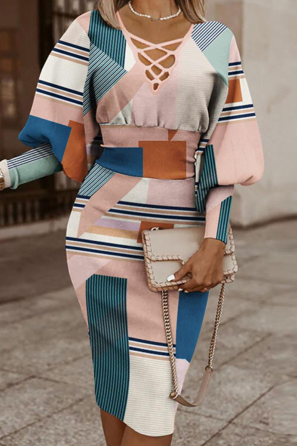 Pink Casual Work Print Patchwork V Neck One Step Skirt Dresses