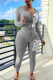 Grey Casual Print Patchwork Zipper Hooded Collar Long Sleeve Two Pieces