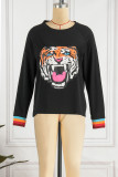 Black Casual Daily Print Basic O Neck Tops