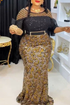 Gold Celebrities Elegant Solid Sequins Patchwork O Neck Evening Dress Dresses
