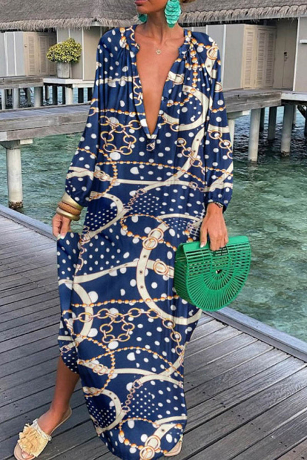 Deep Blue Casual Print Patchwork V Neck Long Sleeve Dresses