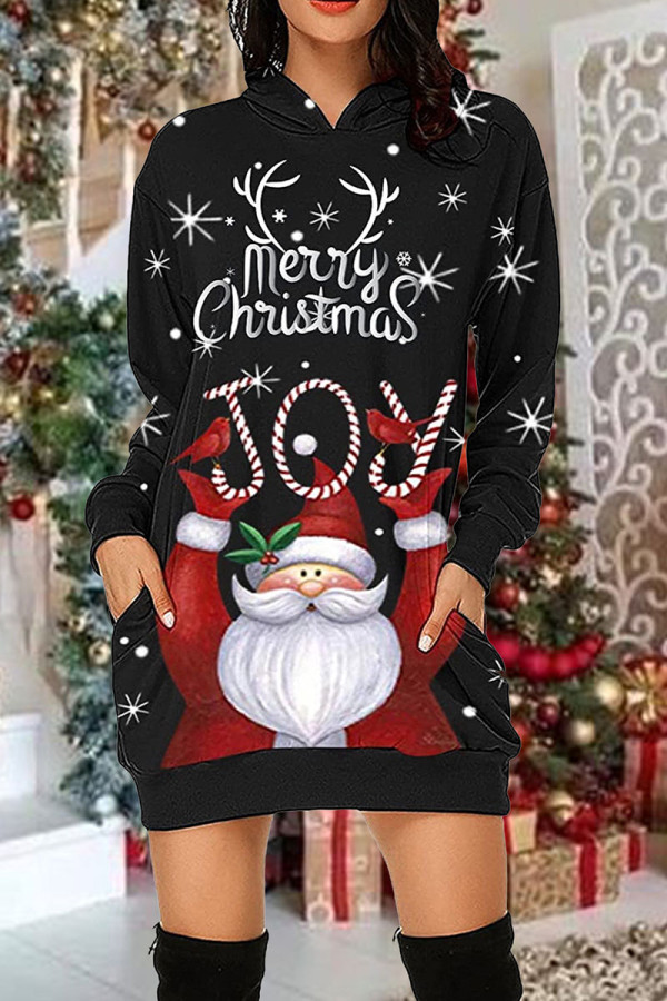 Black Red Casual Print Patchwork Pocket Hooded Collar Straight Dresses