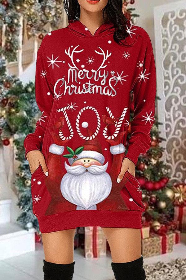 Red White Casual Print Patchwork Pocket Hooded Collar Straight Dresses