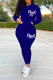 Blue Casual Sportswear Print Patchwork Zipper Hooded Collar Long Sleeve Two Pieces