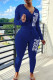 Deep Blue Casual Print Patchwork Zipper Hooded Collar Long Sleeve Two Pieces