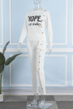 White Casual Letter Print Patchwork O Neck Long Sleeve Two Pieces