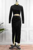 Black Elegant Solid Patchwork Buttons Slit Half A Turtleneck Long Sleeve Two Pieces