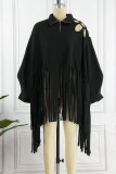 Black Casual Vintage Solid Tassel Turtleneck Tops